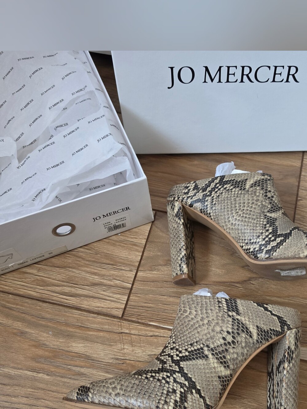 JO MERCER Leather Mule Heels, Snake Animal Print LEAH Shoes Tan Brown - Picture 4 of 11